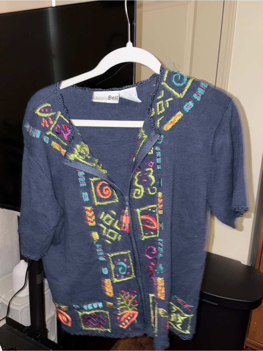 Vintage 90s deloresBell Navy Blue Embroidered Ramie Cotton Zip Cardigan M